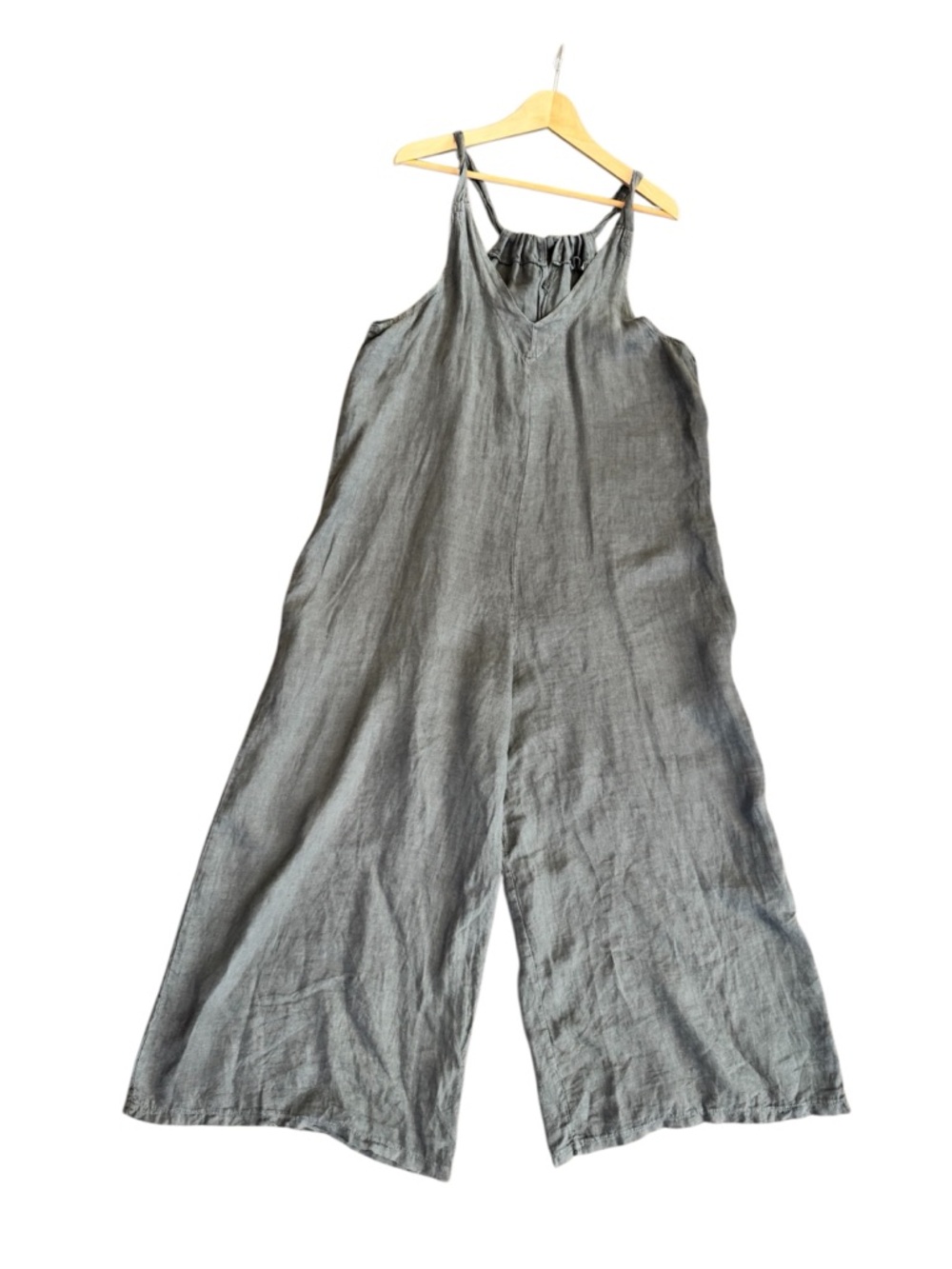 Meo Meli Wide Leg Linen Jumpuit One Size Gray Sleeveless Lagenlook Coastal Beach